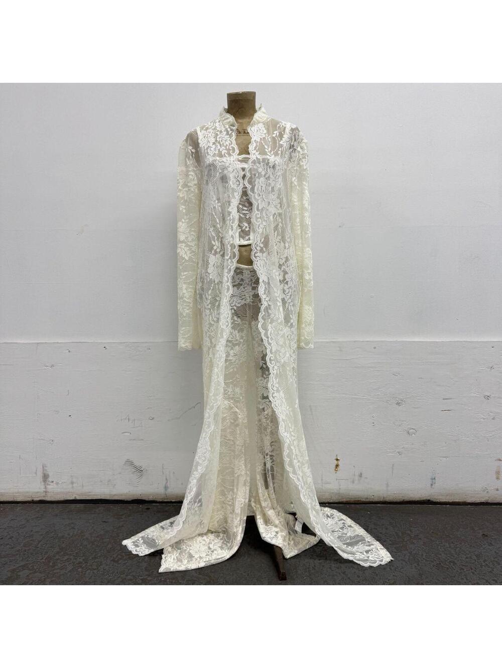 3-Piece Ivory Lace Ensemble Set - Corset Top, Flare Pants & Duster Robe